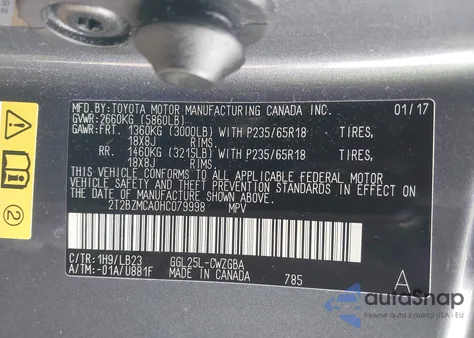 2017 Lexus Rx 350 из США, поврежденный, VIN 2T2BZMCA0HC079998